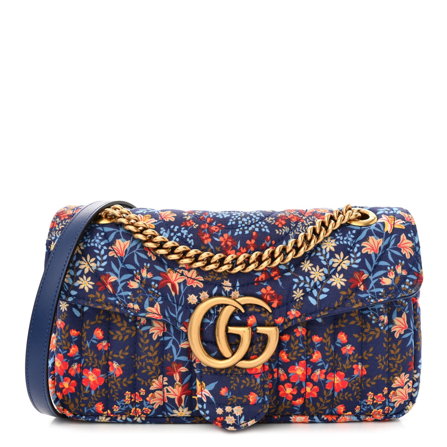 Gucci Cotton Calfskin Matelasse Floral Print Small GG Marmont Shoulder Bag Blue Red Deep Ocean Blue 1 of 12