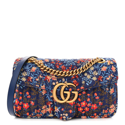 Gucci Cotton Calfskin Matelasse Floral Print Small GG Marmont Shoulder Bag Blue Red Deep Ocean Blue 1 of 12
