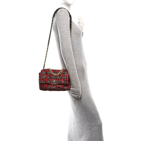 Tweed Quilted Medium Chanel 19 Flap Red Black