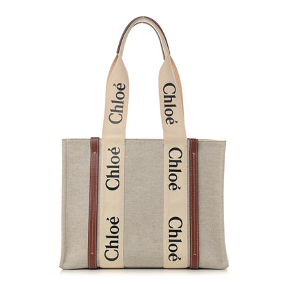 Chloe Cotton Calfskin Medium Woody Ribbon Tote White Brown 1 of 12