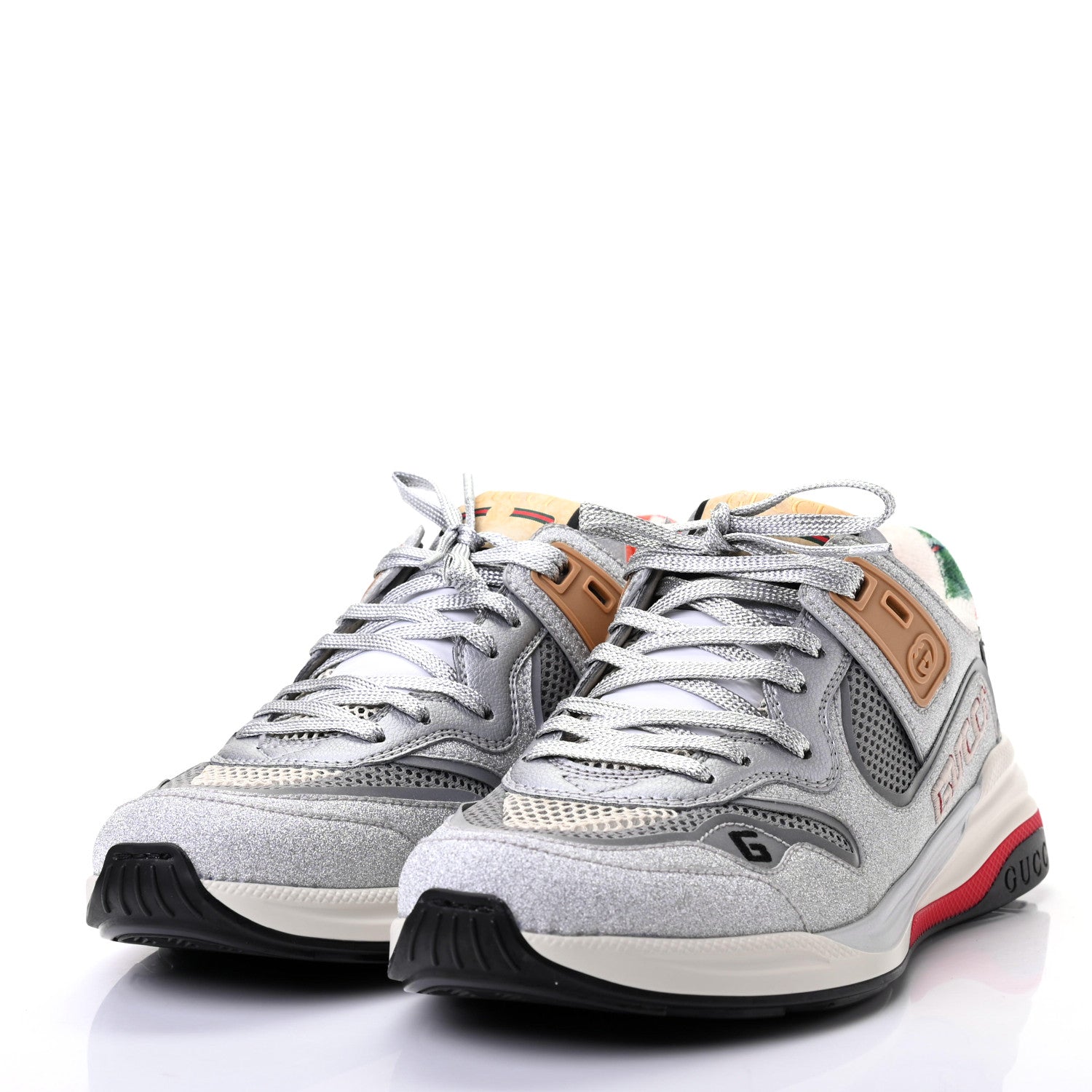 Gucci Metallic Calfskin Glitter Mesh Womens Ultrapace Sneakers 38 Silver Light Grey Mystic White 3 of 9
