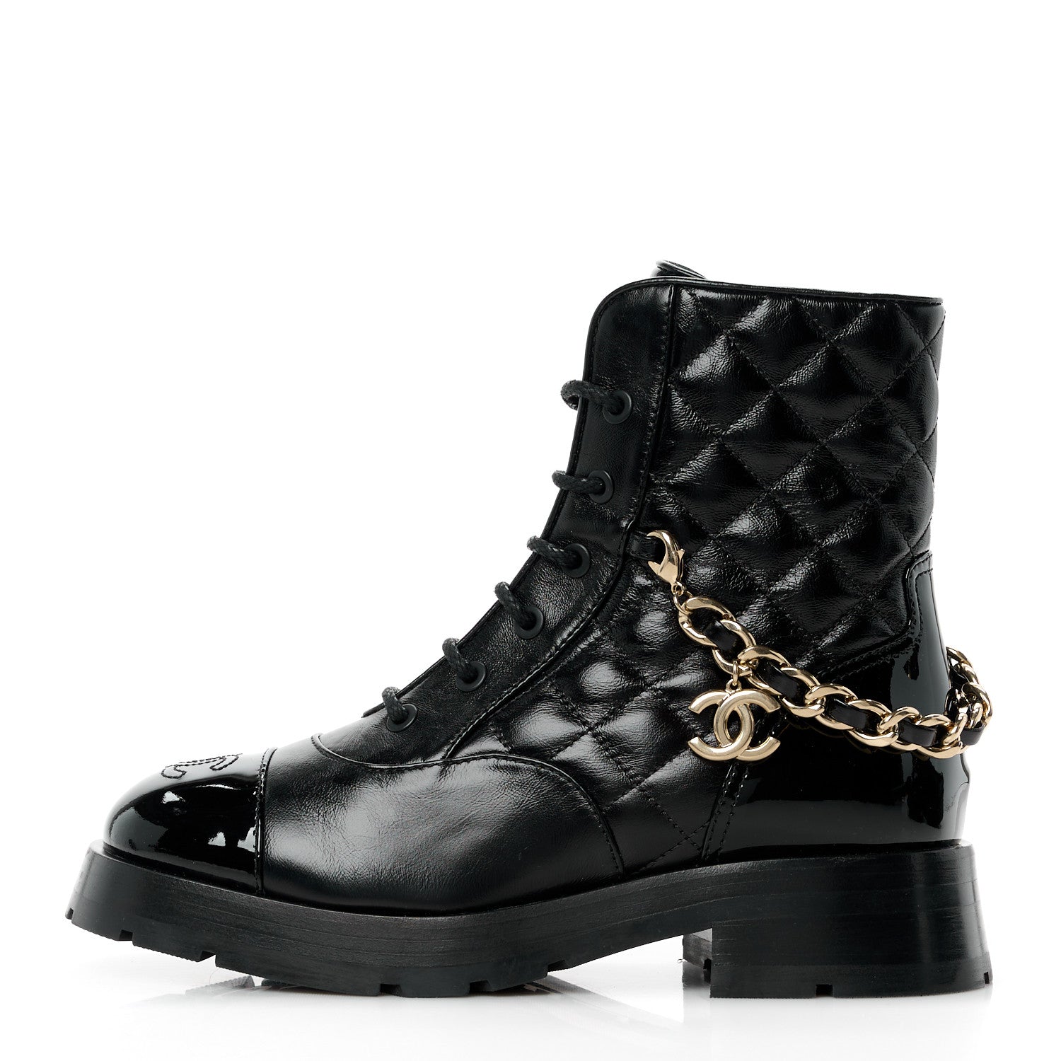 Chanel Shiny Calfskin Patent Quilted Chain Lace Up Combat Boots 35.5 Black 1 of 10