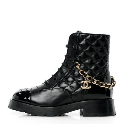 Chanel Shiny Calfskin Patent Quilted Chain Lace Up Combat Boots 35.5 Black 1 of 10