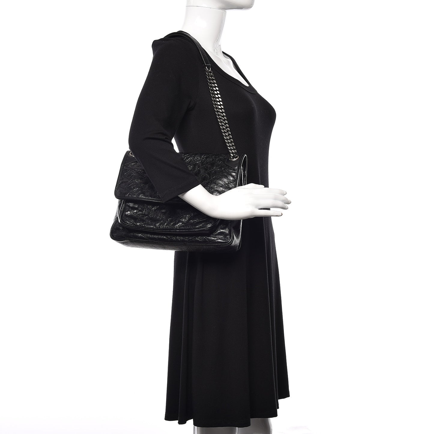 Crinkled Calfskin Matelasse Monogram Medium Niki Chain Satchel Black