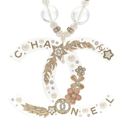 Chanel Resin Pearl Crystal Feather Star CC Necklace Transparent Gold 4 of 7