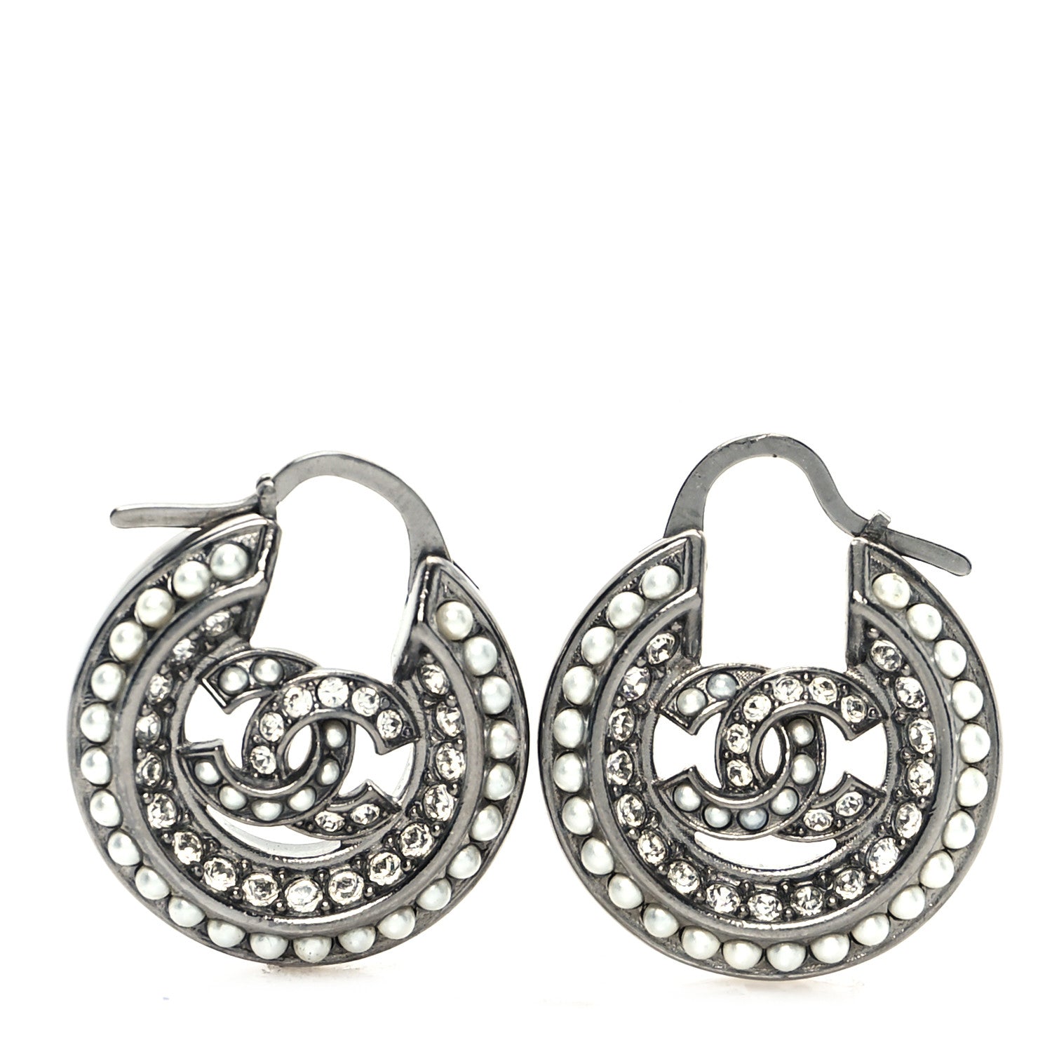Chanel Crystal Pearl CC Hoop Earrings Silver 1 of 3
