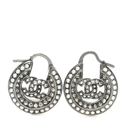 Chanel Crystal Pearl CC Hoop Earrings Silver 1 of 3
