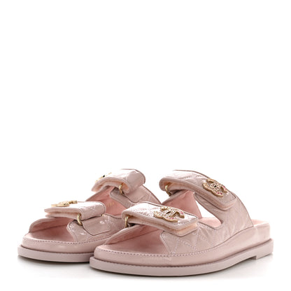 Chanel Shiny Calfskin Crystal Quilted Velcro Dad CC Slide Sandals 38 Light Pink 4 of 10