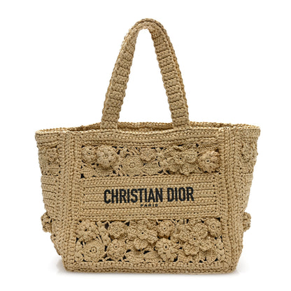 Christian Dior Woven Raffia Floral Embellished Small Book Tote Natural 1 of 12