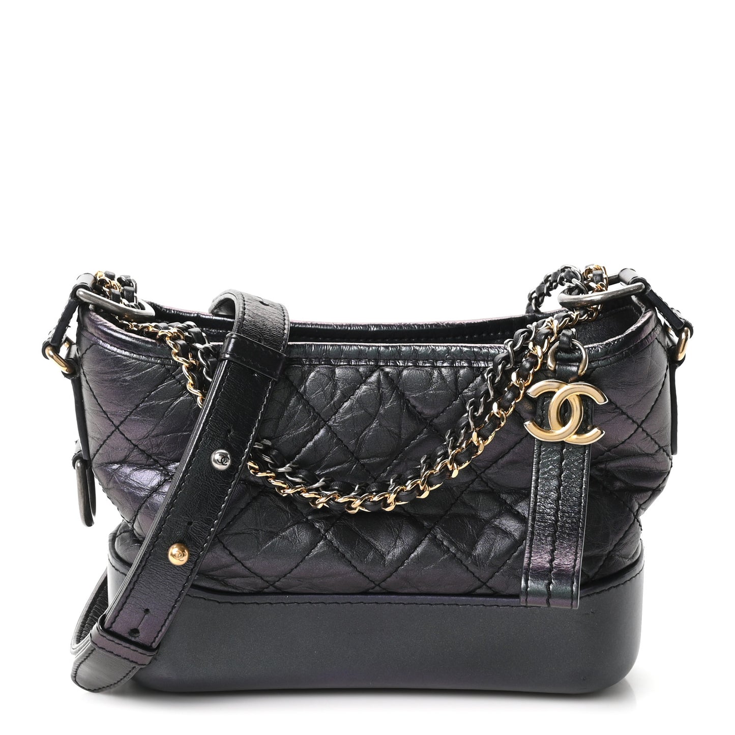 Iridescent Aged Calfskin Quilted Small Gabrielle Hobo Black