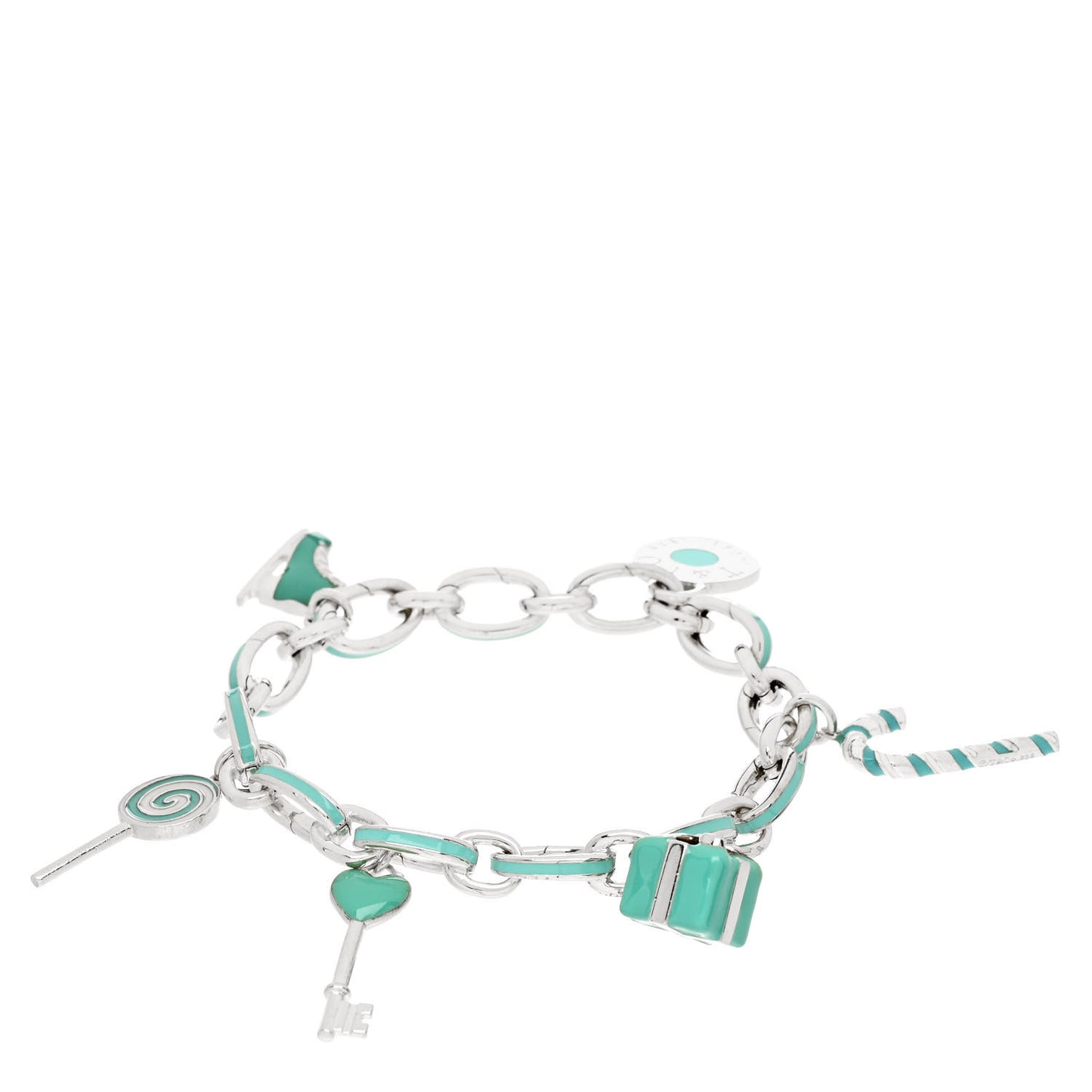 Sterling Silver Enamel Clasping Link 6 Charm Bracelet Blue