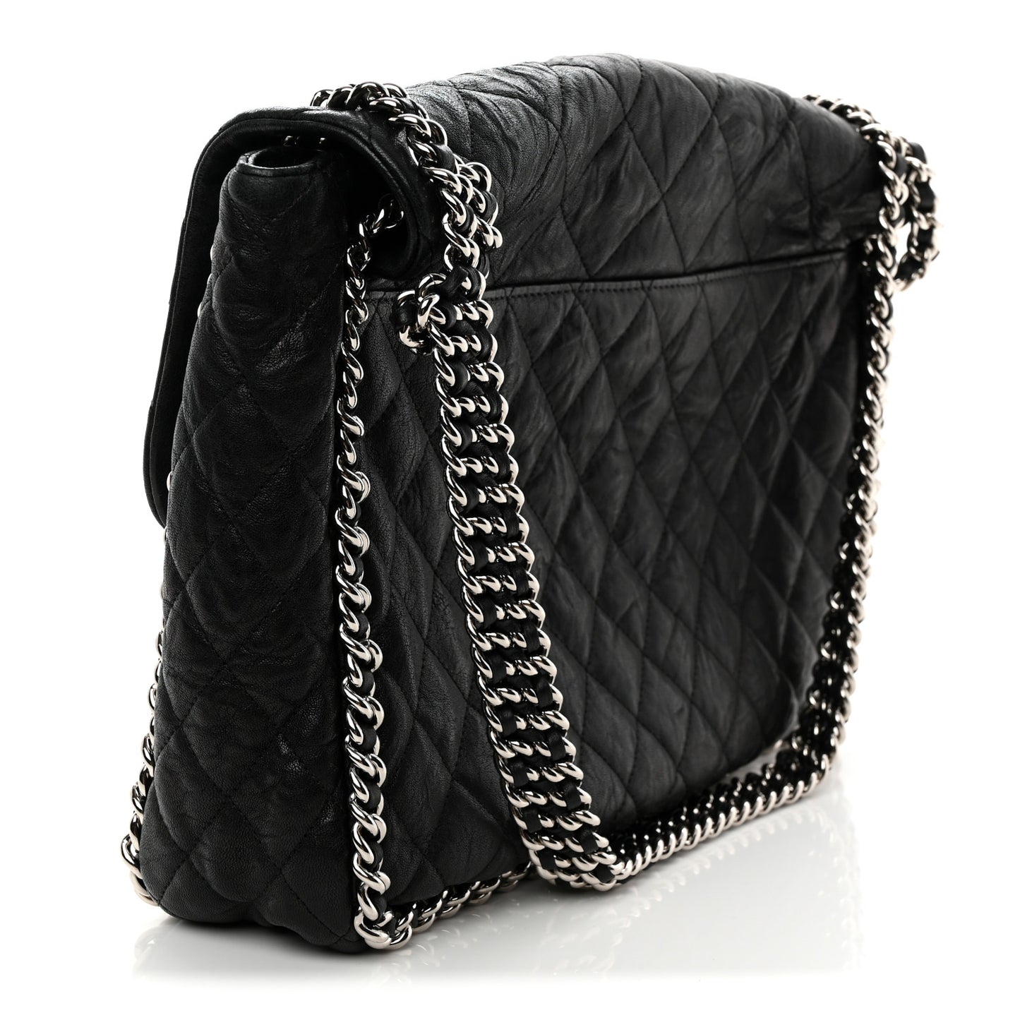 Washed Lambskin Quilted Maxi Chain Around Flap Black