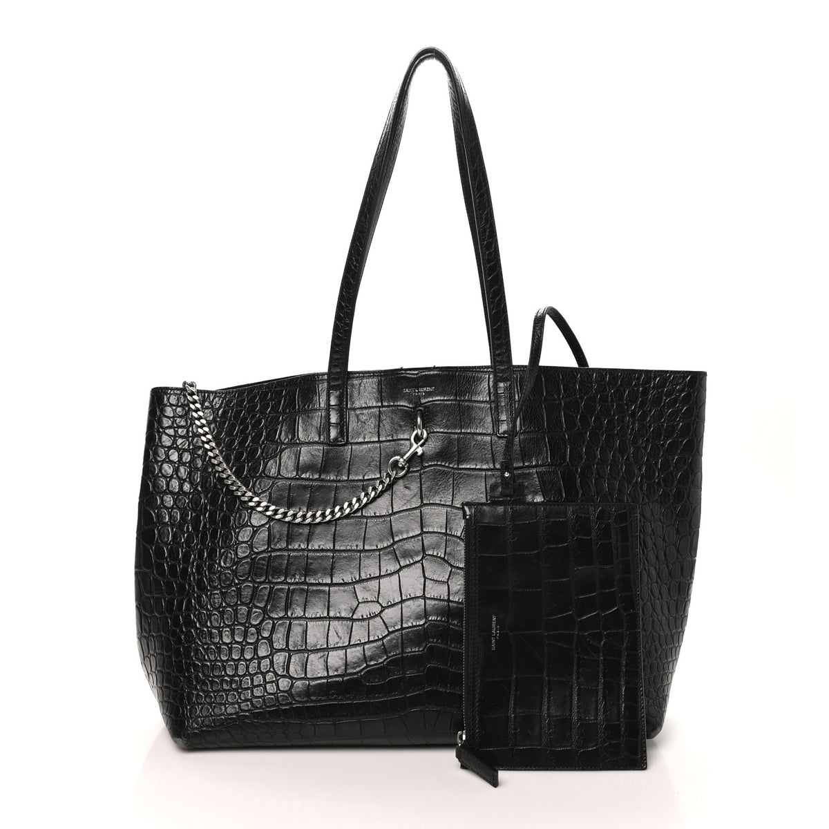 Saint Laurent Calfskin Crocodile Embossed Large Shopper Tote Black 3 of 12