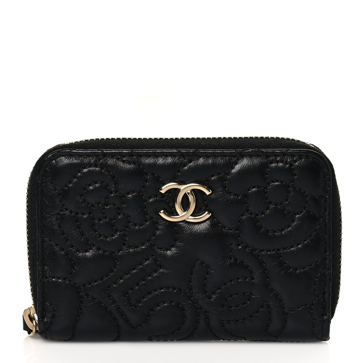 Lambskin Camellia Embossed Zip Coin Purse Black