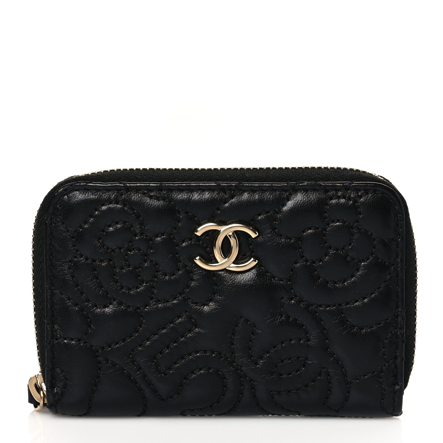 Chanel Lambskin Camellia Embossed Zip Coin Purse Black 1 of 9