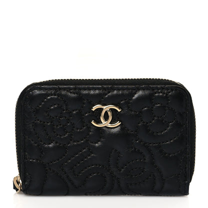 Chanel Lambskin Camellia Embossed Zip Coin Purse Black 1 of 9