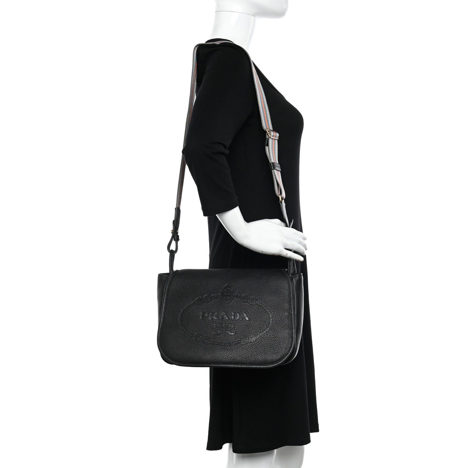Prada Vitello Daino Embossed Logo Flap Shoulder Bag Black 2 of 8