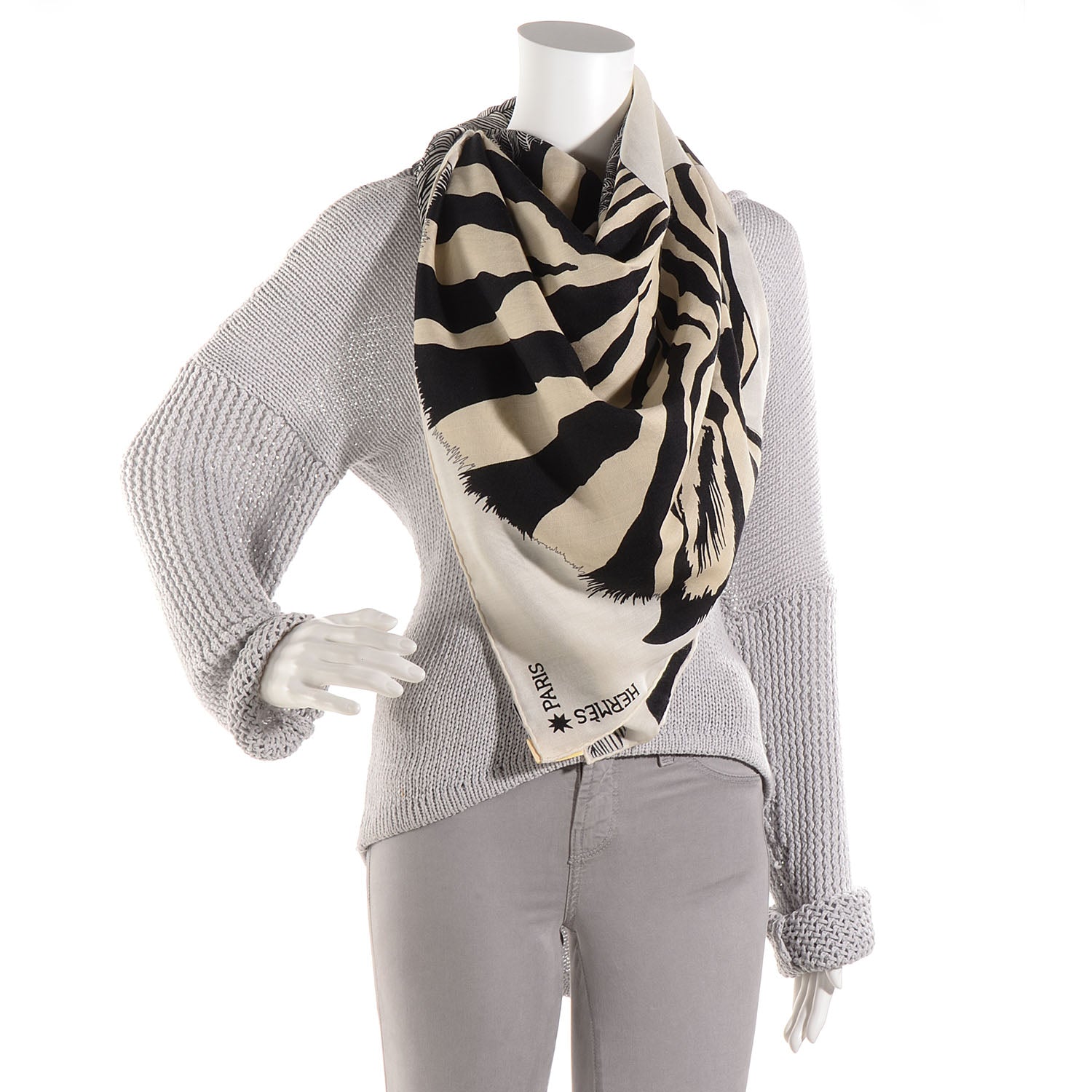 Hermes Cashmere Silk Zebra Pegasus Scarf GM 140 Blanc Noir Naturel 2 of 8