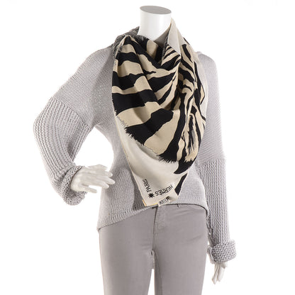 Hermes Cashmere Silk Zebra Pegasus Scarf GM 140 Blanc Noir Naturel 2 of 8