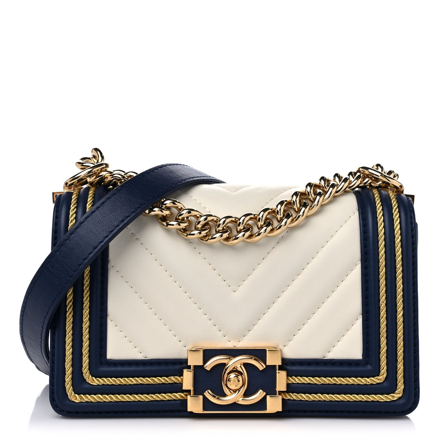 Calfskin Chevron Quilted Braided Small Boy Flap White Navy