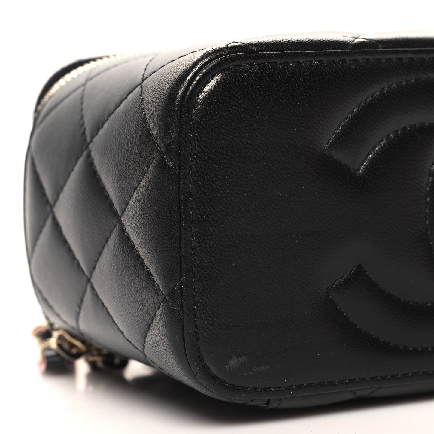 Lambskin Quilted Small Top Handle Vanity Case With Chain Black Lilac