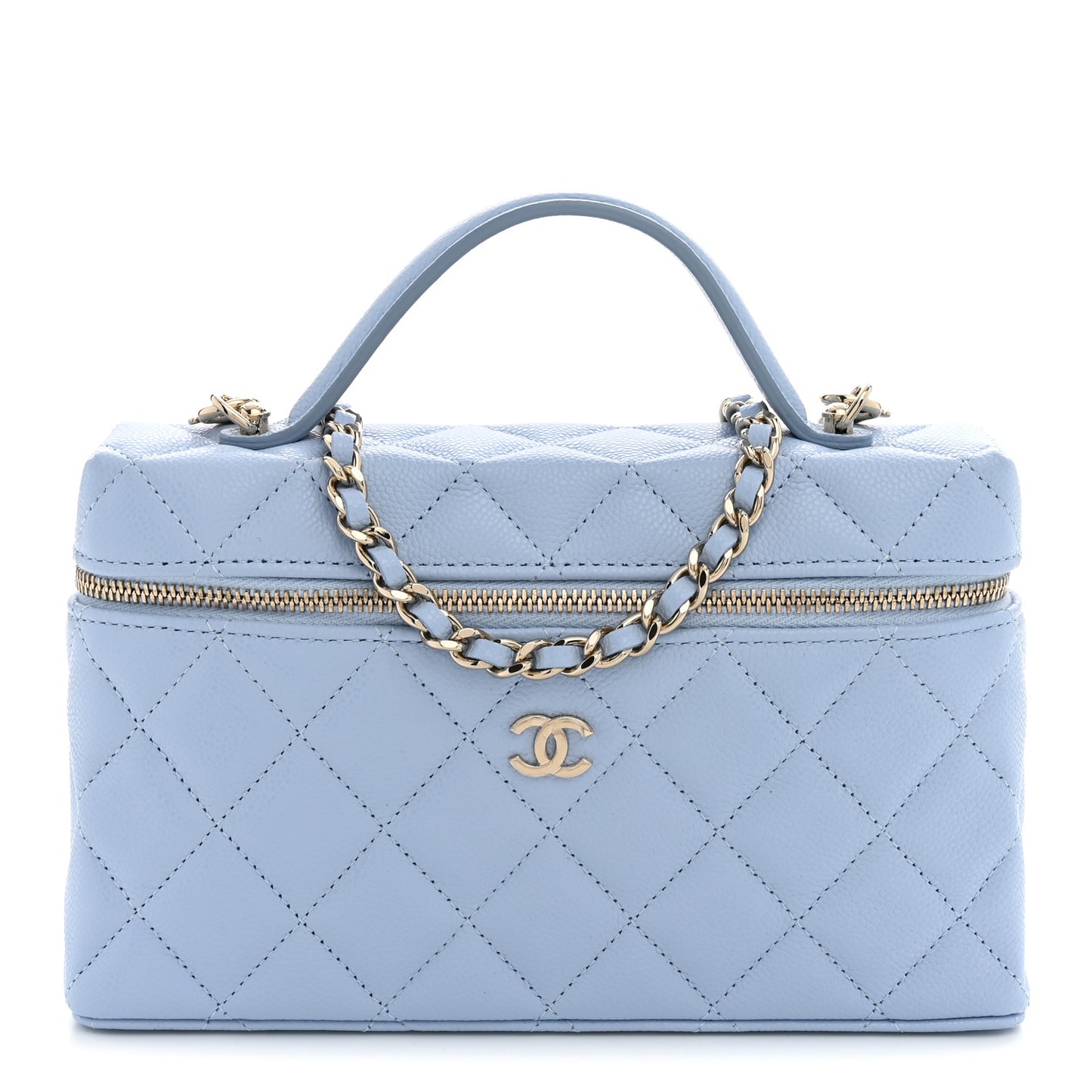 Caviar Quilted Top Handle Slim Vanity With Chain Light Blue