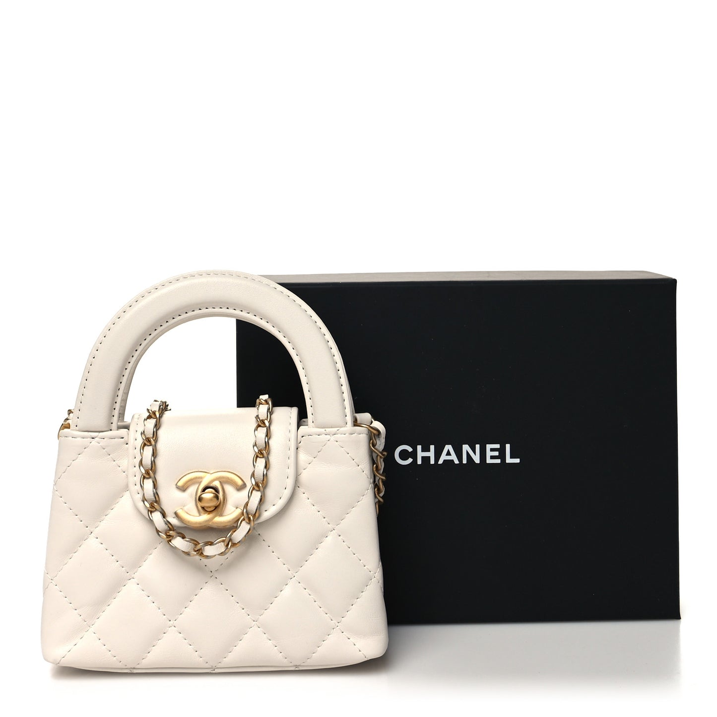 Shiny Aged Calfskin Quilted Mini Nano Kelly Shopper White