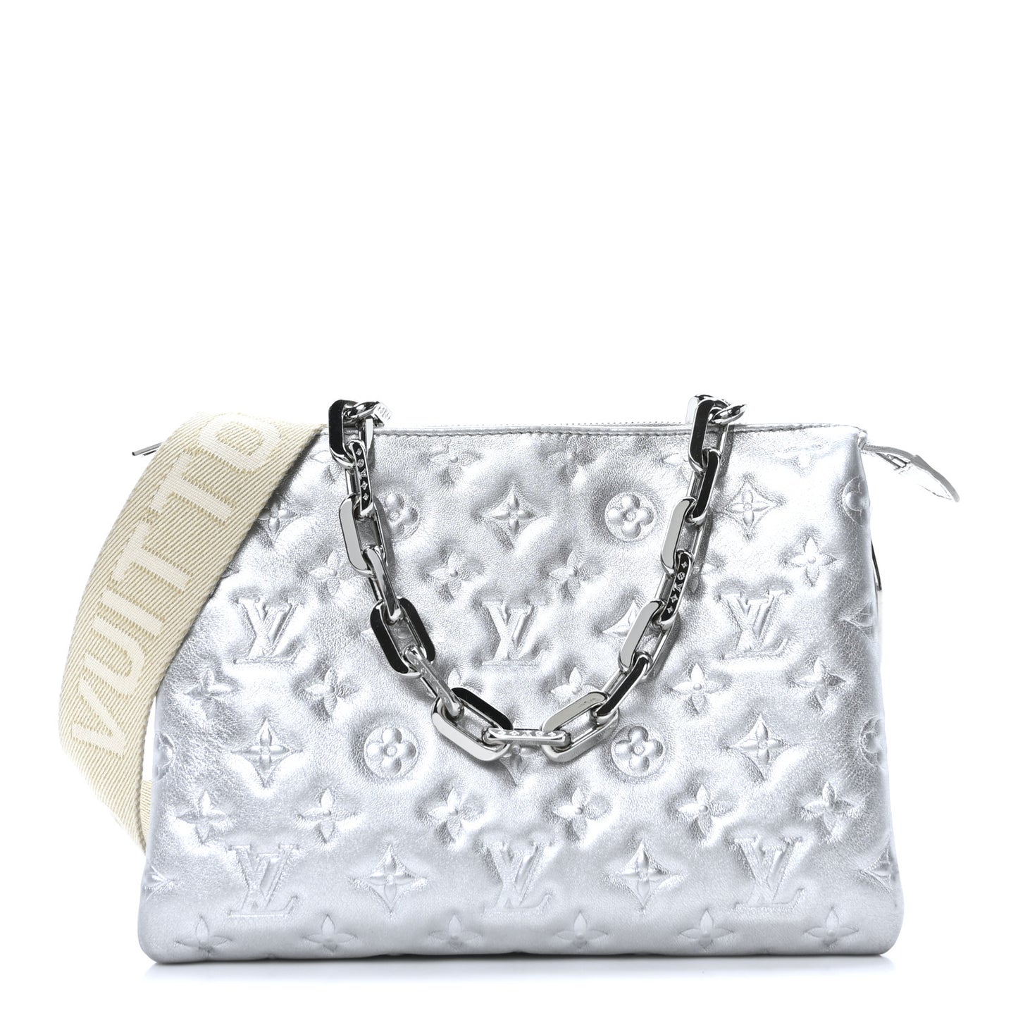 Metallic Lambskin Embossed Monogram Coussin PM Silver