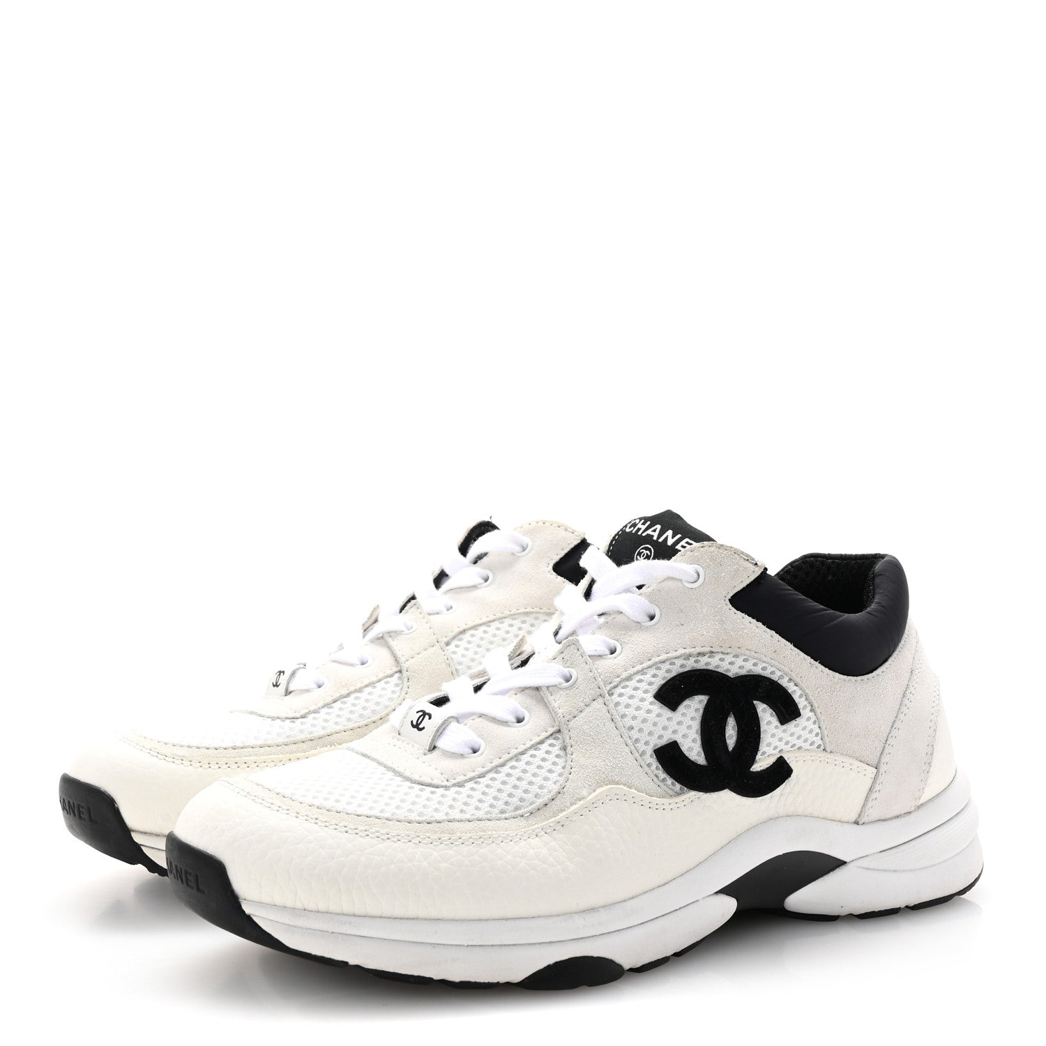 Chanel Mesh Suede Calfskin Grained Calfskin Womens CC Sneakers 40 White Black 4 of 9