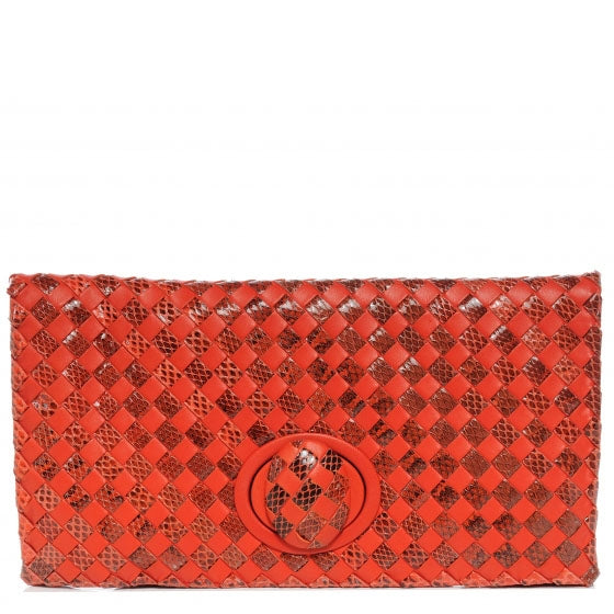 Bottega Veneta Snakeskin Intrecciato Turnlock Clutch Fire Red 1 of 8