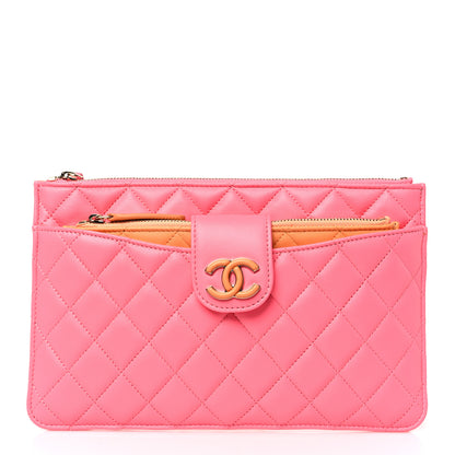 Chanel Lambskin Quilted Sunset Boulevard Pouch Case Coral Orange 3 of 9