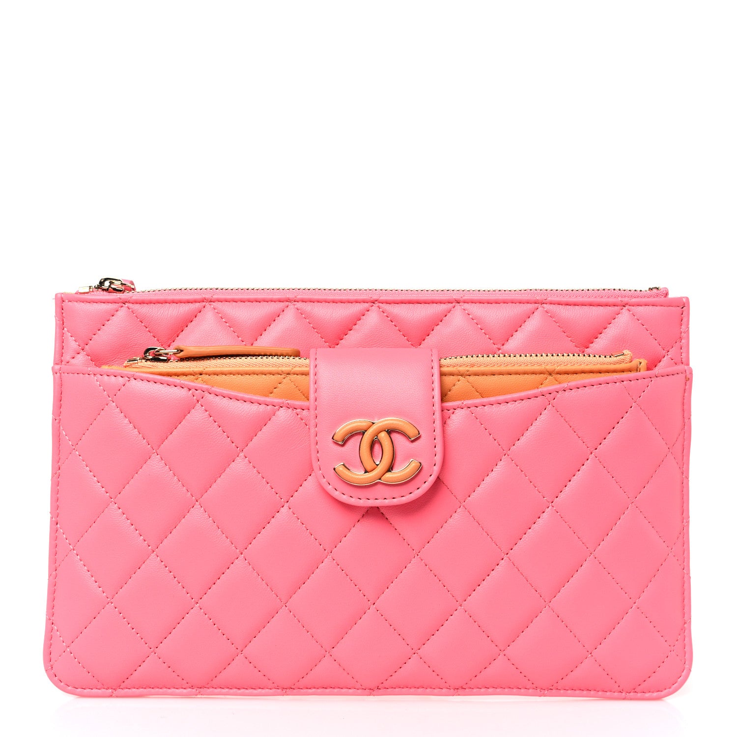 Chanel Lambskin Quilted Sunset Boulevard Pouch Case Coral Orange