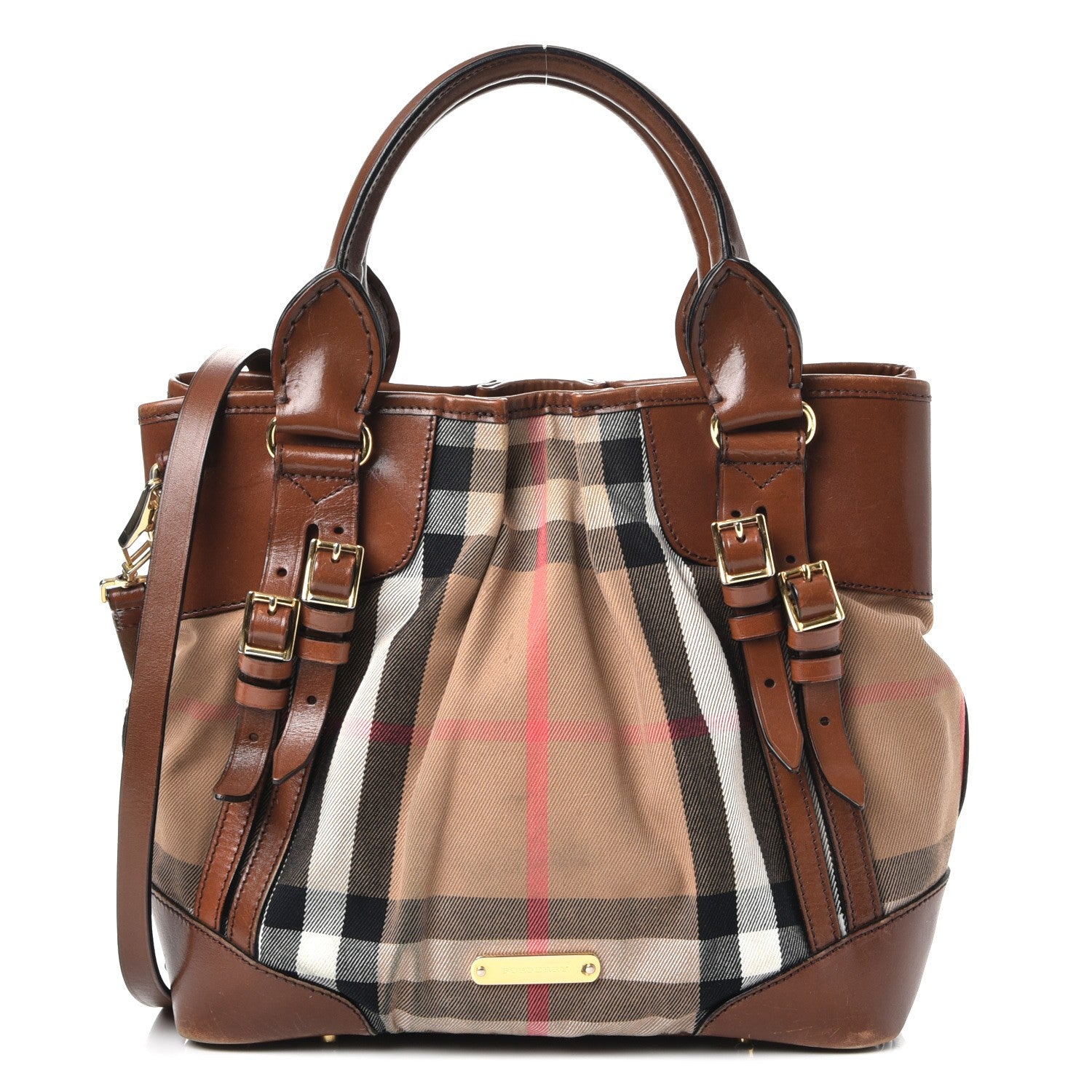 Burberry House Check Bridle Calfskin Small Whipstitch Tote Dark Tan 1 of 18