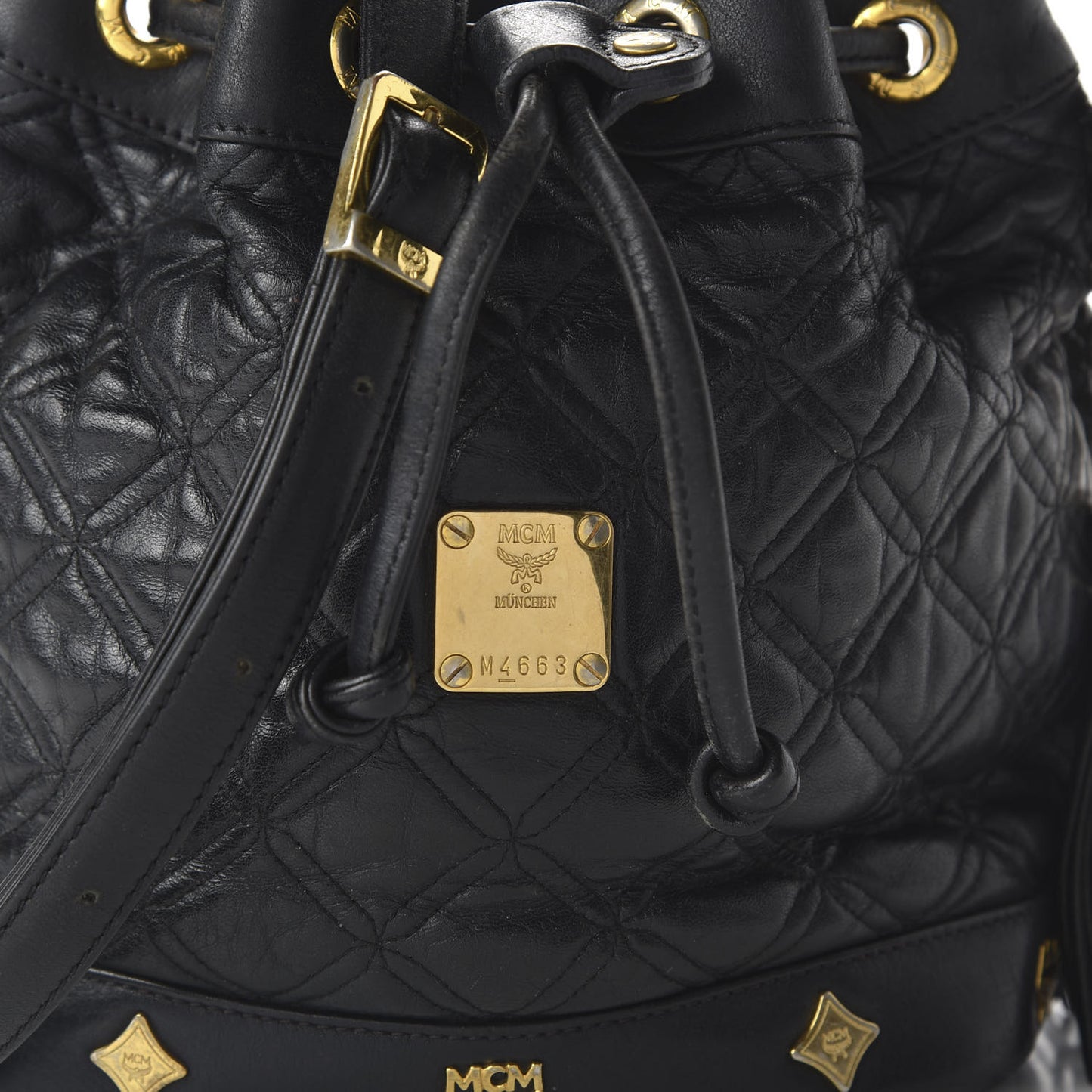 Calfskin Quilted Studded Bucket Bag Black