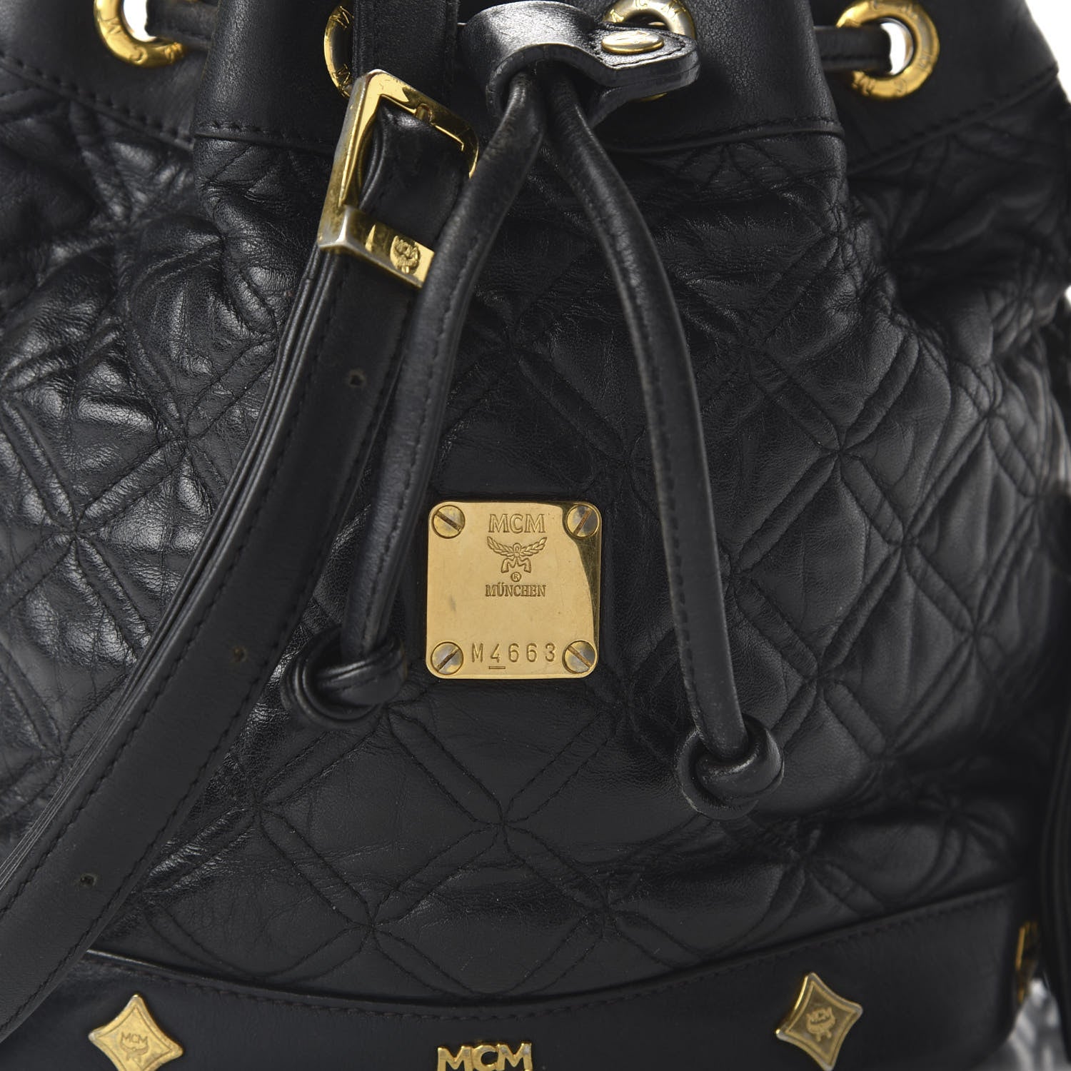 MCM Calfskin Quilted Studded Bucket Bag Black 9 of 10