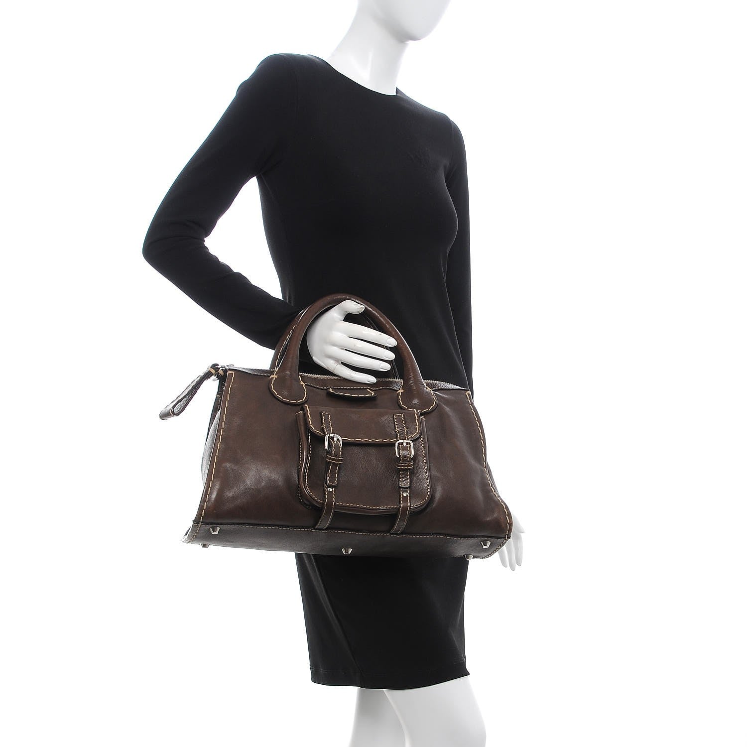 Chloe Calfskin Edith Satchel Brown 2 of 12