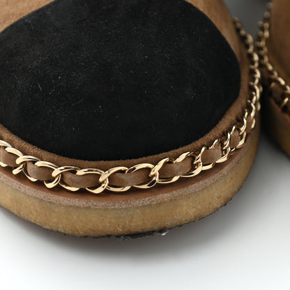 Chanel Kid Suede Shearling Womens Cap Toe Chain Short Boots 41 Light Brown Black 10 of 11