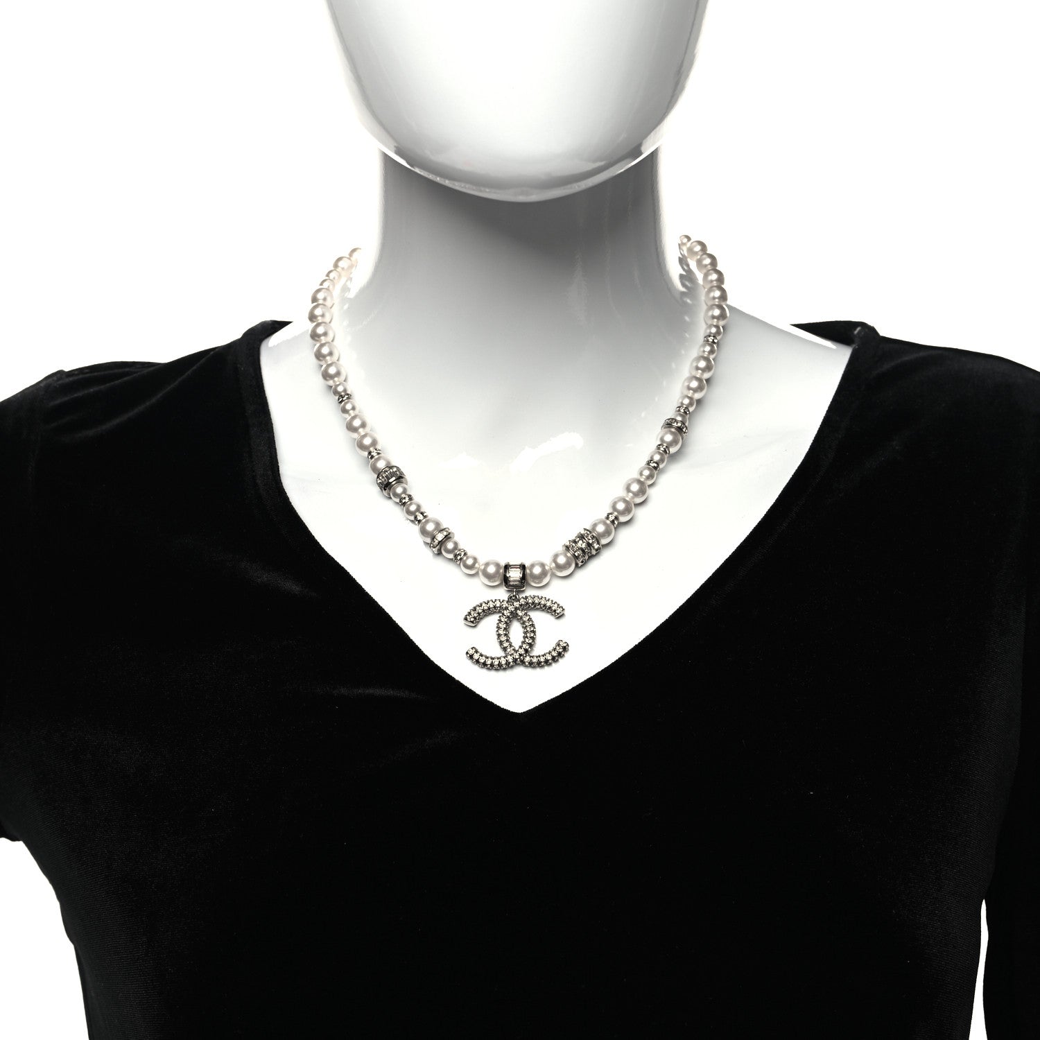 Chanel Baguette Crystal Pearl CC Choker Necklace Silver 2 of 5