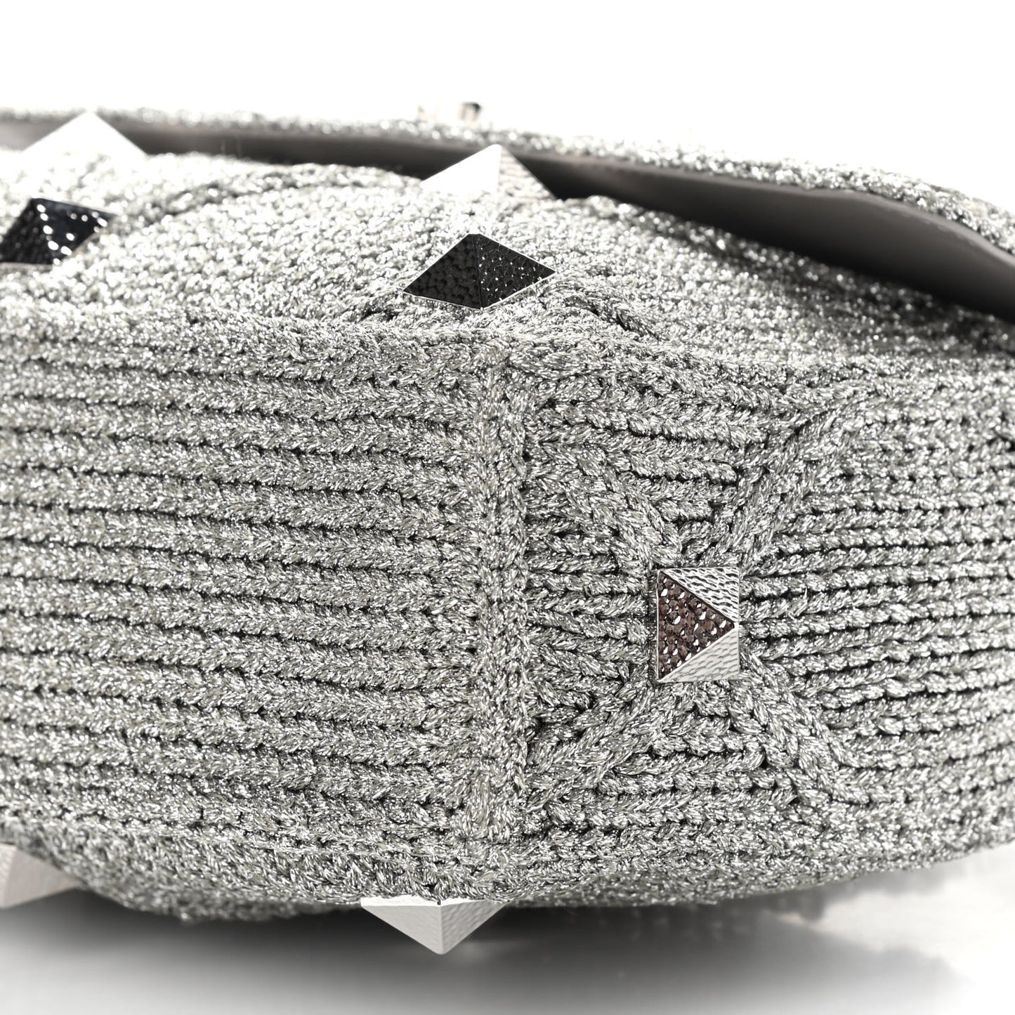 Metallic Lurex Knit Large Roman Stud Shoulder Bag Silver