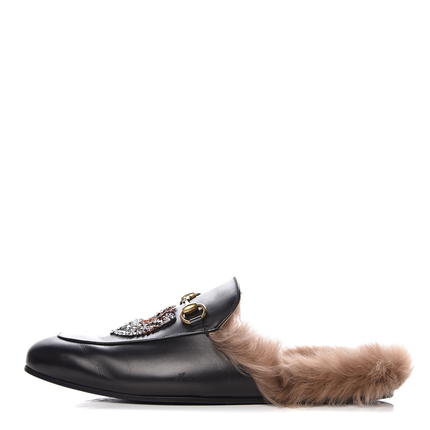 Calfskin Fur Crystal Tiger Embroidered Mens Princetown Slippers 11 Black