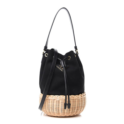 Prada Wicker Canvas Bucket Bag Black 1 of 11