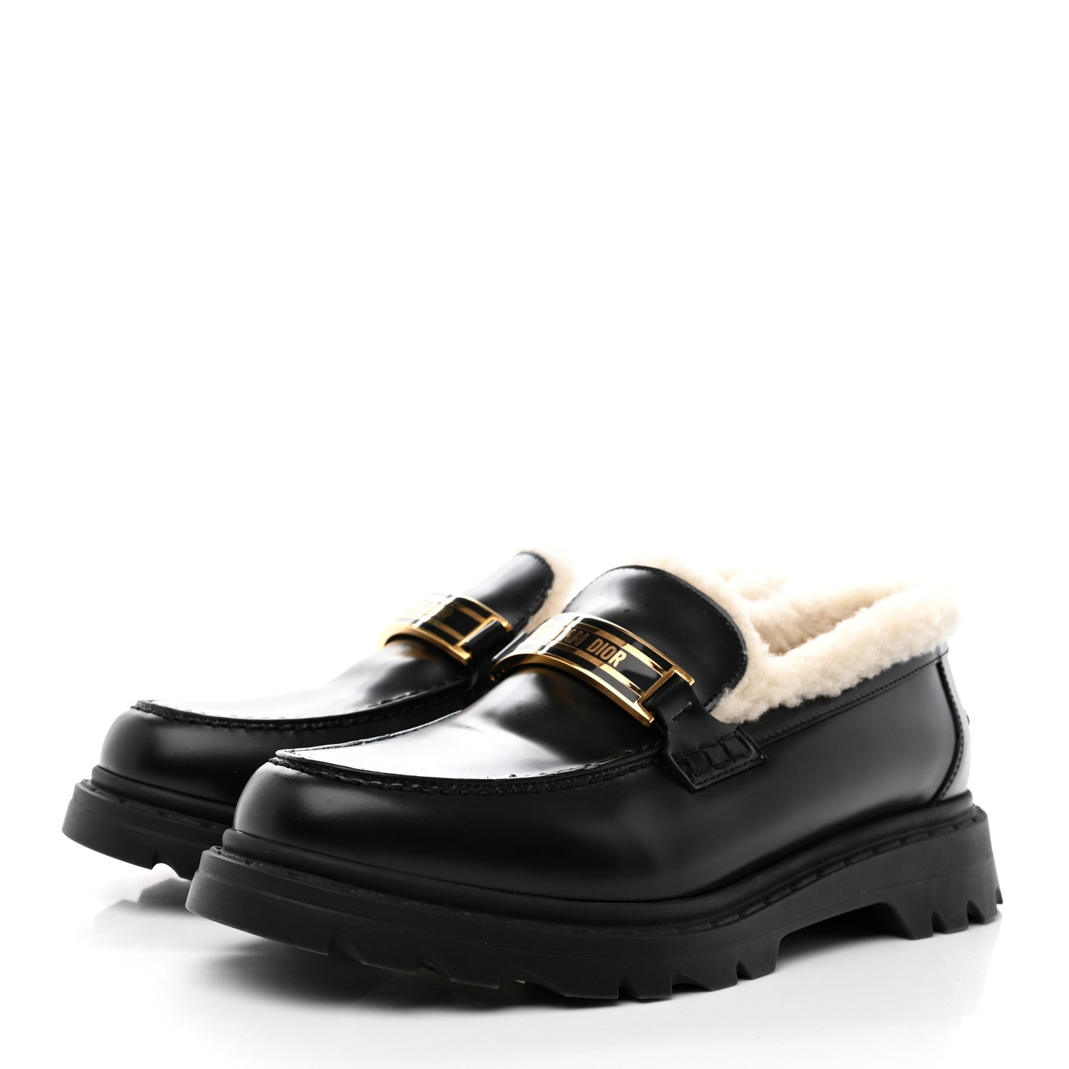 Christian Dior Brushed Calfskin Shearling Dior Code Lug Sole 15mm Loafers 39.5 Black Natural 3 of 13