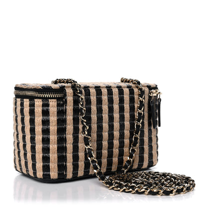 Chanel Raffia Jute Striped Small Vanity Case With Chain Black Beige 3 of 11