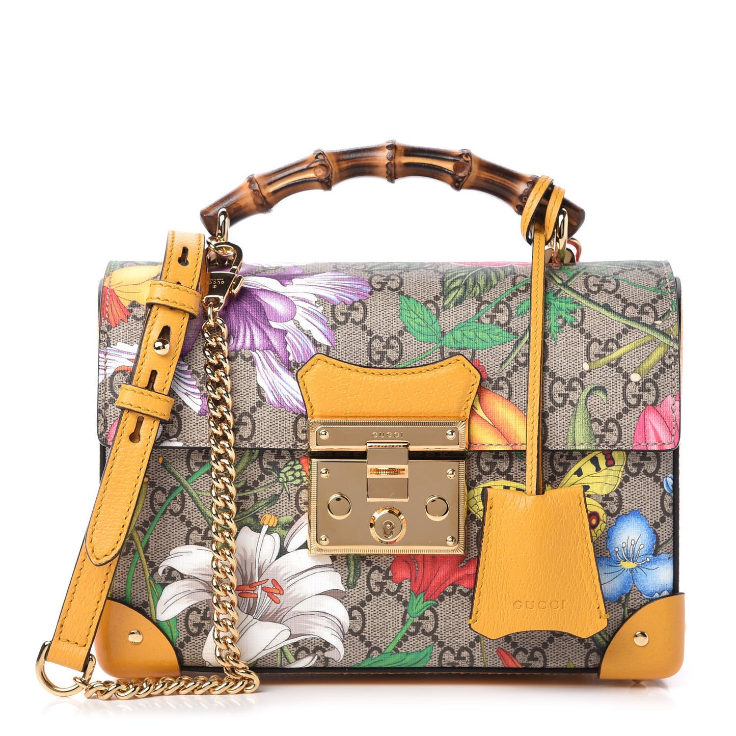 GG Supreme Monogram Flora Small Padlock Bamboo Shoulder Bag Beige Multicolor Crop