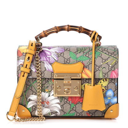 Gucci GG Supreme Monogram Flora Small Padlock Bamboo Shoulder Bag Beige Multicolor Crop 1 of 10