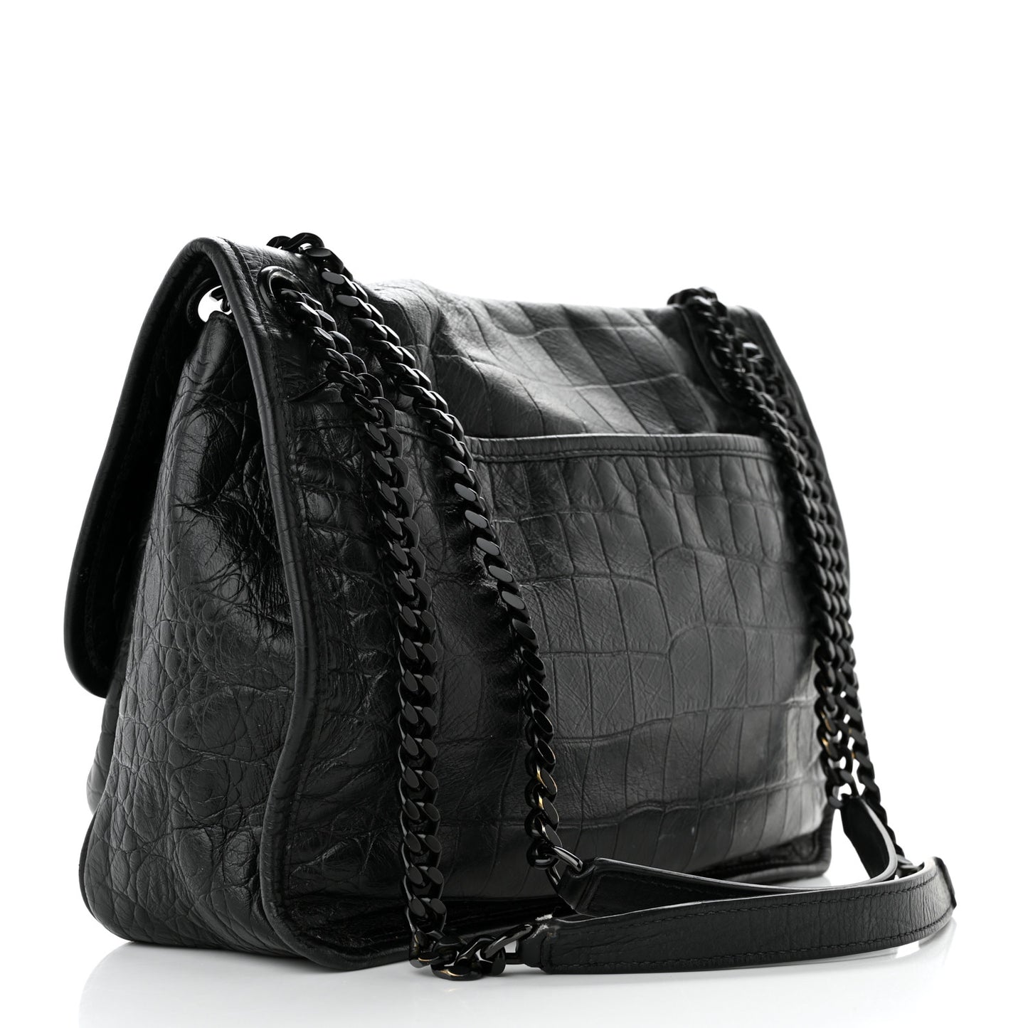 Crocodile Embossed Lambskin Monogram Medium Niki Chain Satchel Black