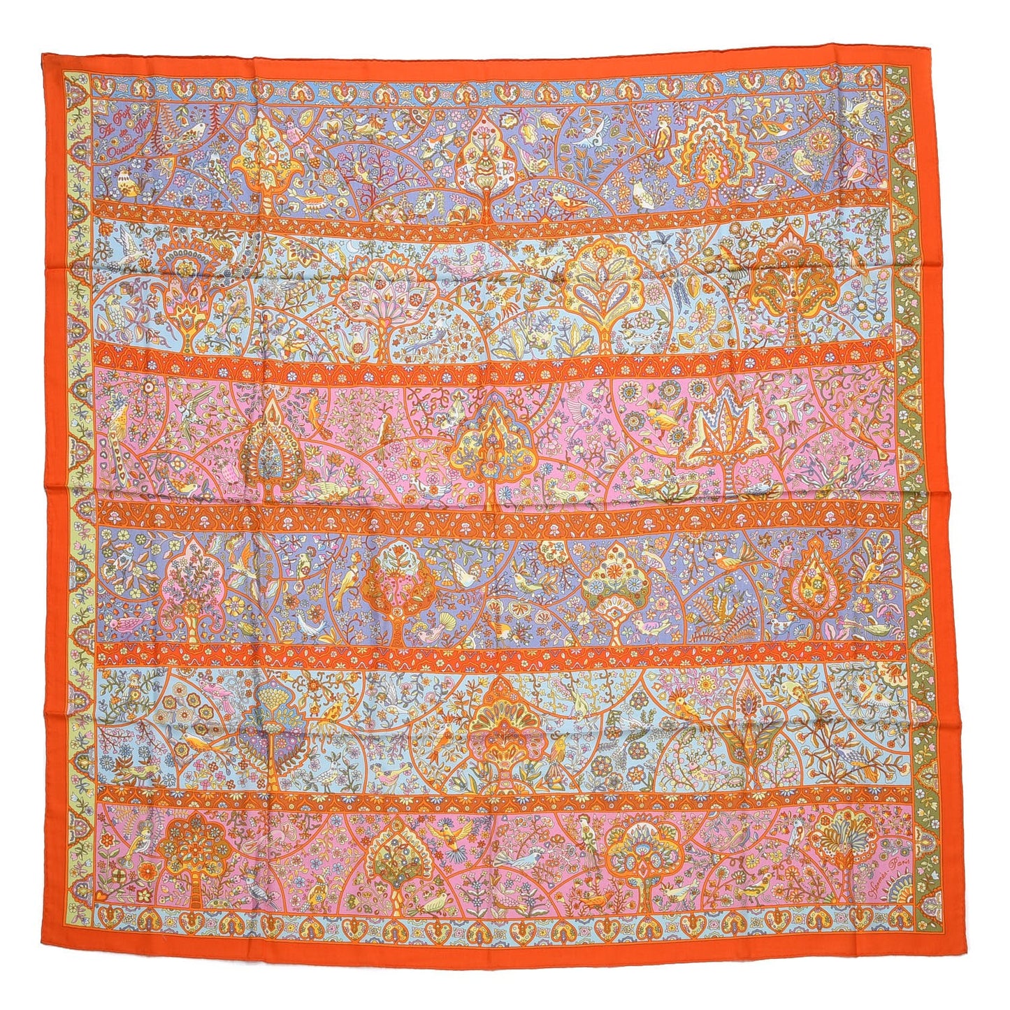 Cashmere Silk Au Pays Des Oiseaux Fleurs Shawl 140 Orange Bleu Vert