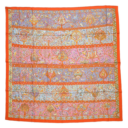 Hermes Cashmere Silk Au Pays Des Oiseaux Fleurs Shawl 140 Orange Bleu Vert 1 of 7