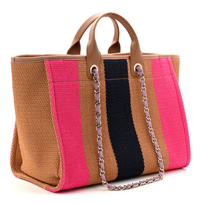 Chanel Straw Raffia Calfskin Striped Medium Deauville Tote Dark Beige Fuchsia Navy Blue 3 of 10