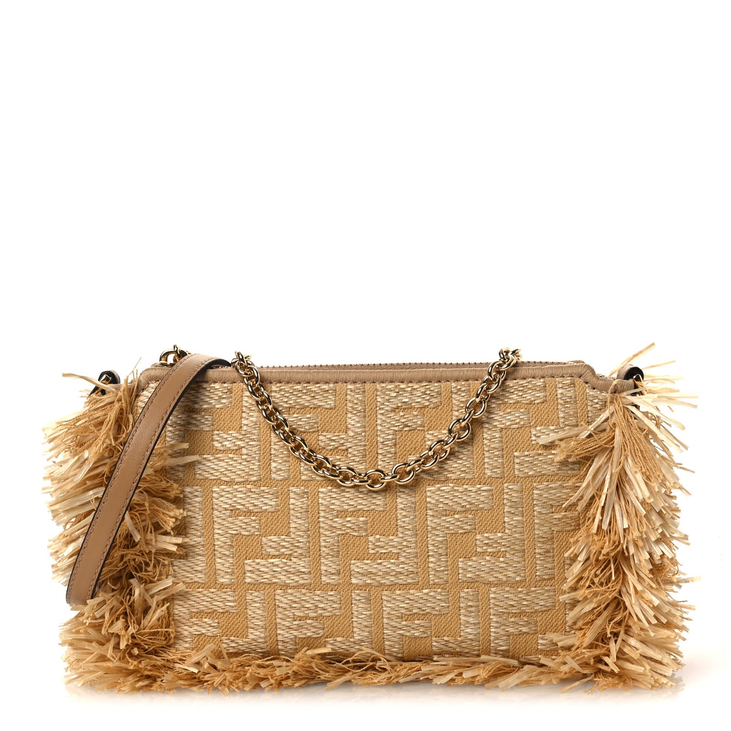 Raffia Fringe FF Embroidered Baguette Pouch Natural Dark Honey